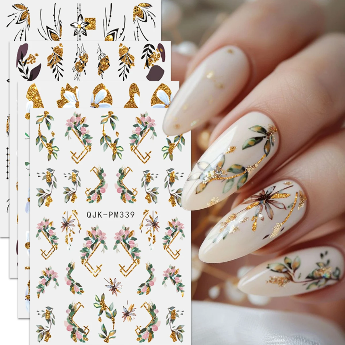 4pcs spring floral French gold glitter nail art stickers, easy to apply for nail decoration, DIY, gift, party makeup styling