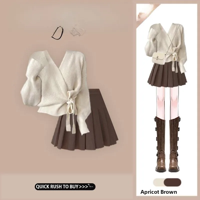 

Корейский модный вязаный комплект: свободная юбка с высокой талией и кофта с длинным рукавом для женщин, осенне-зимний комплект больших размеров