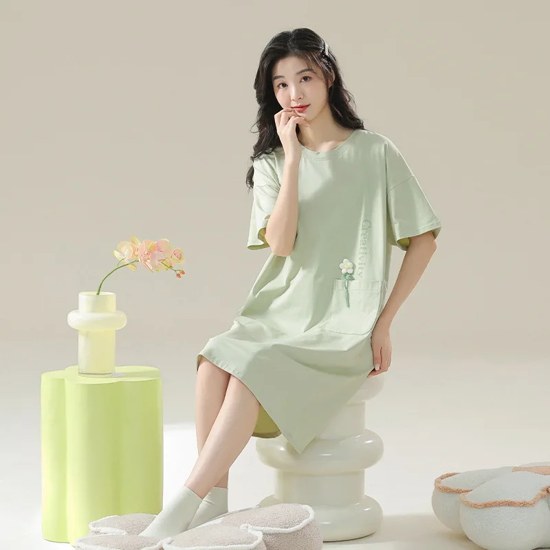 

Nightgown for Women's Pajamas Summer Pure Cotton Female Short-sleeved Cartoon Korean Lady Girls Dressing Gown Bathrobe Woman New