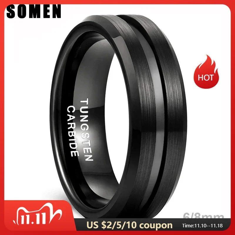 Somen Men Ring Black Tungsten Carbide Ring 6mm 8mm Groove Brushed Wedding Band Male Engagement Rings Anel Masculino Comfort Fit