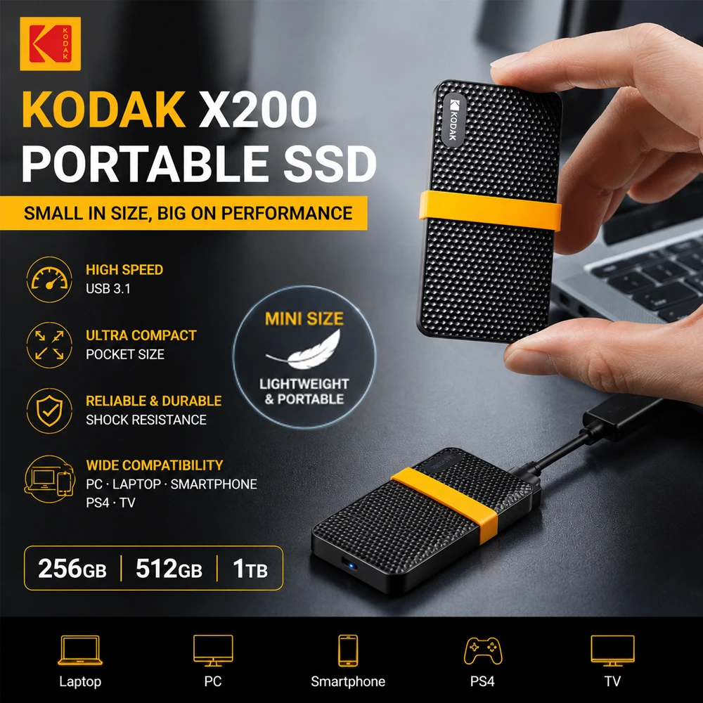 KODAK X200 Externe SSD 256GB 512GB 1TB USB 3.1 Tragbare Solid-State-Laufwerke Mini PSSD Speicher für PC Laptop PS4 Handy TV