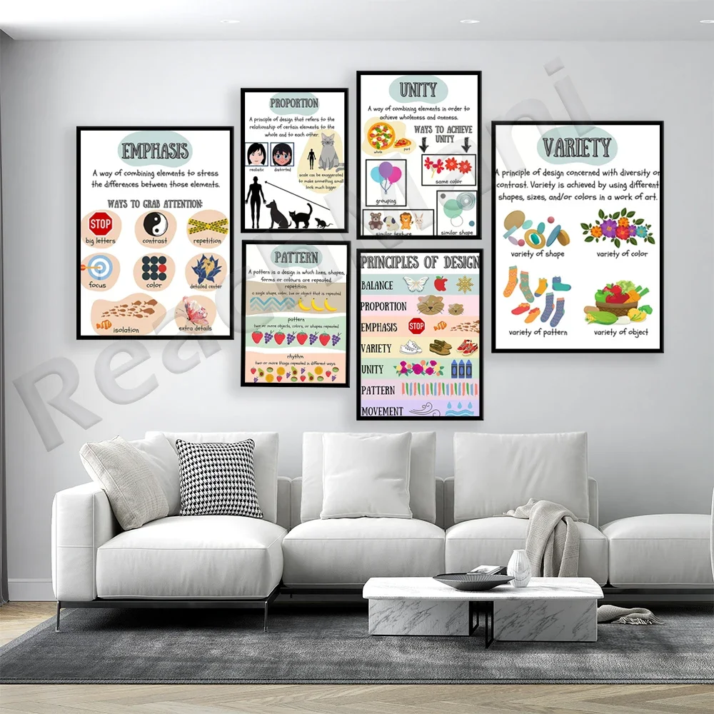 Design poster principles print, art classroom decoration, educational posters, elementary, secondary, art posters'