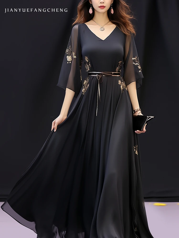 Womens Summer Short Sleeve Black Embroidered Chiffon Long Dress High Waisted A-line Pleated Big Swing Flowing Floor Dresses