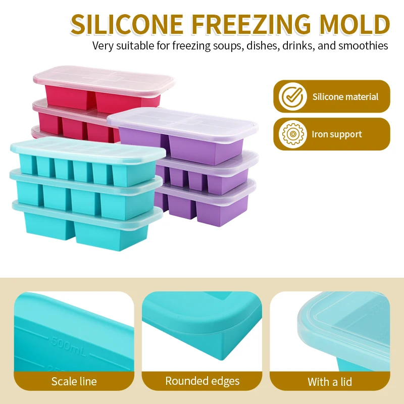 3PCS Silicone Freezer Mold with Lid Refrigerated Food Storage Box Food Box Ice Tray Mold Ice Box Fresh-keeping Box