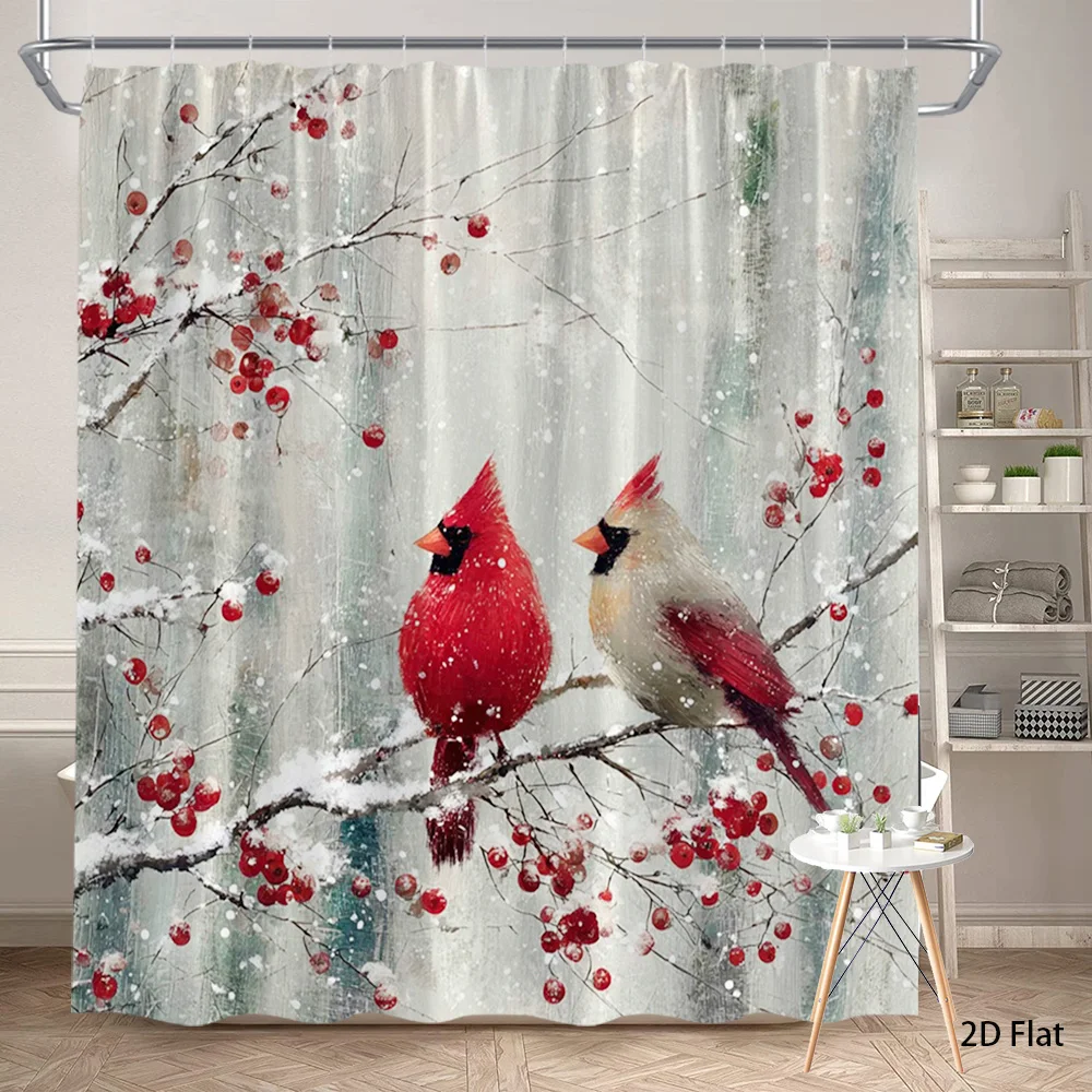 Winter-Themed Shower Curtain Featuring Delightful Red And Gray Cardinals Perched on Snowy Branches Adorned with Red Berries