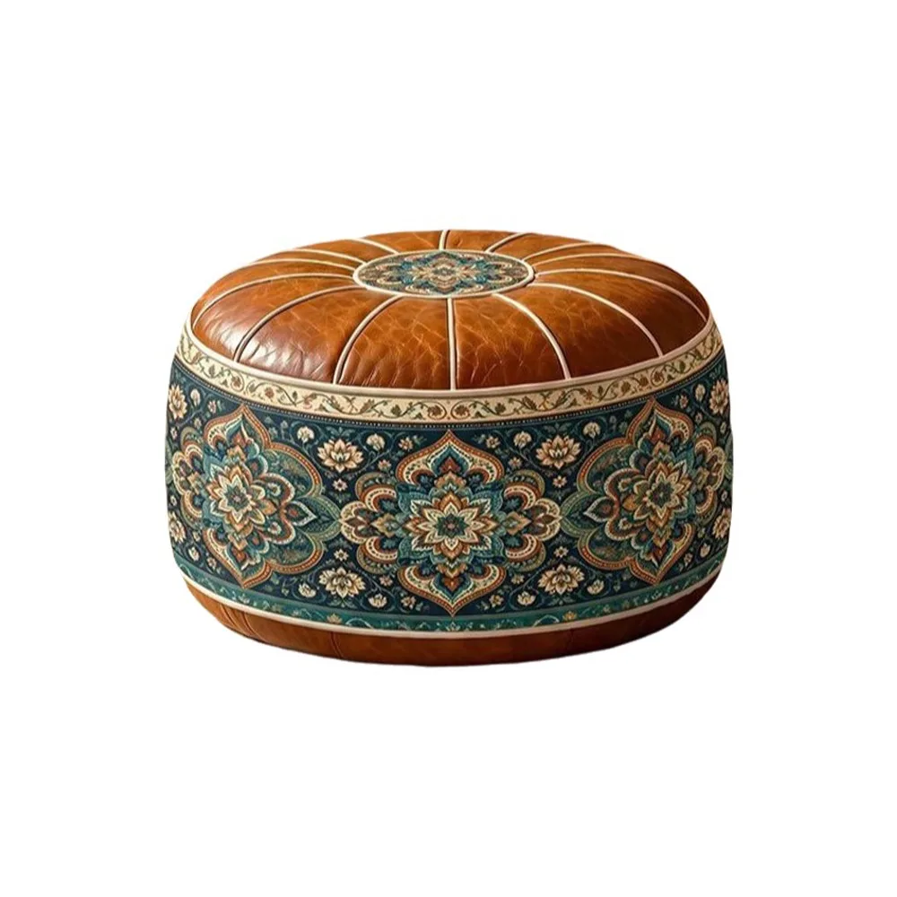 PU Leather Round Ottoman Stool Fillable Geometric Bird Pattern Footstool Cover Round Shape Vintage Style Storage Ottoman Pouf