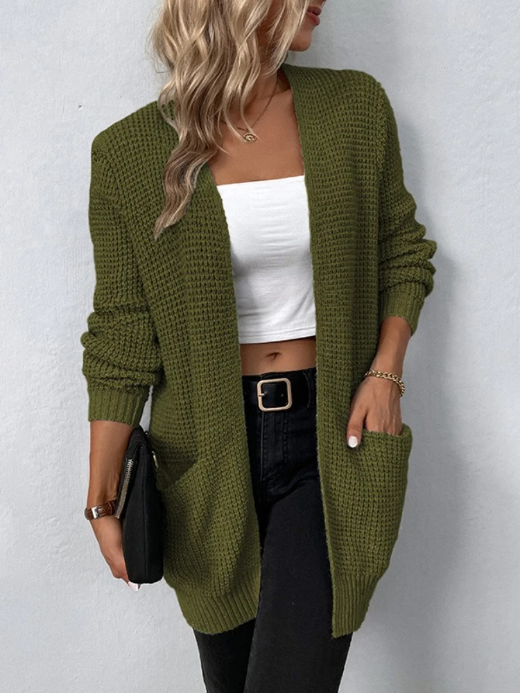 Neu im Herbst Winter Lässige lange Strickjacke Damen Pullover Jacke V-Ausschnitt Volle Langarm Top Damen Pendeln Mäntel Kleidung
