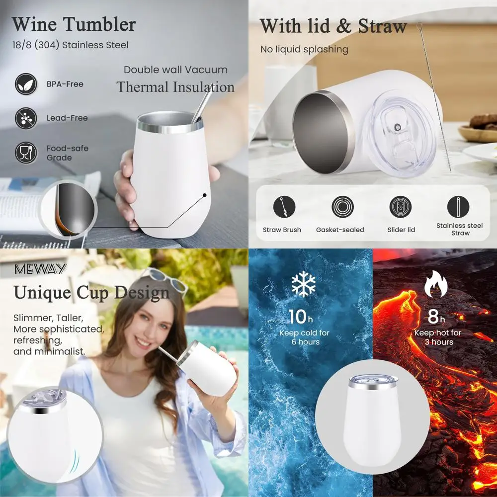 

12oz Double Wall Insulated Wine Tumbler Set, Stainless Steel with Lid & Straw, Perfect for Shower Games (White, 8 Pack)