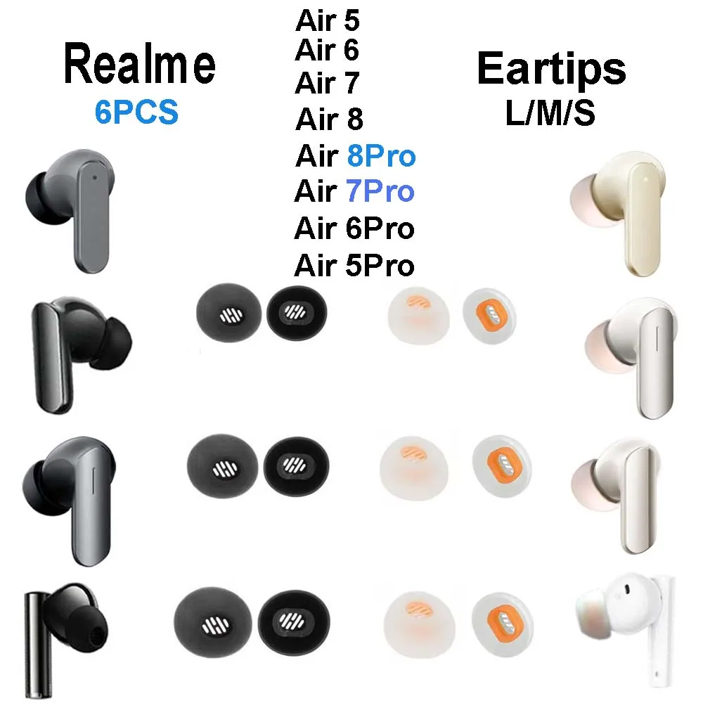 6 embouts d'écouteurs en silicone pour Realme Buds Air 7 7Pro 8 8Pro 6 6Pro 5 5Pro, embouts d'écouteurs, coussinets d'oreille, tailles L/M/S