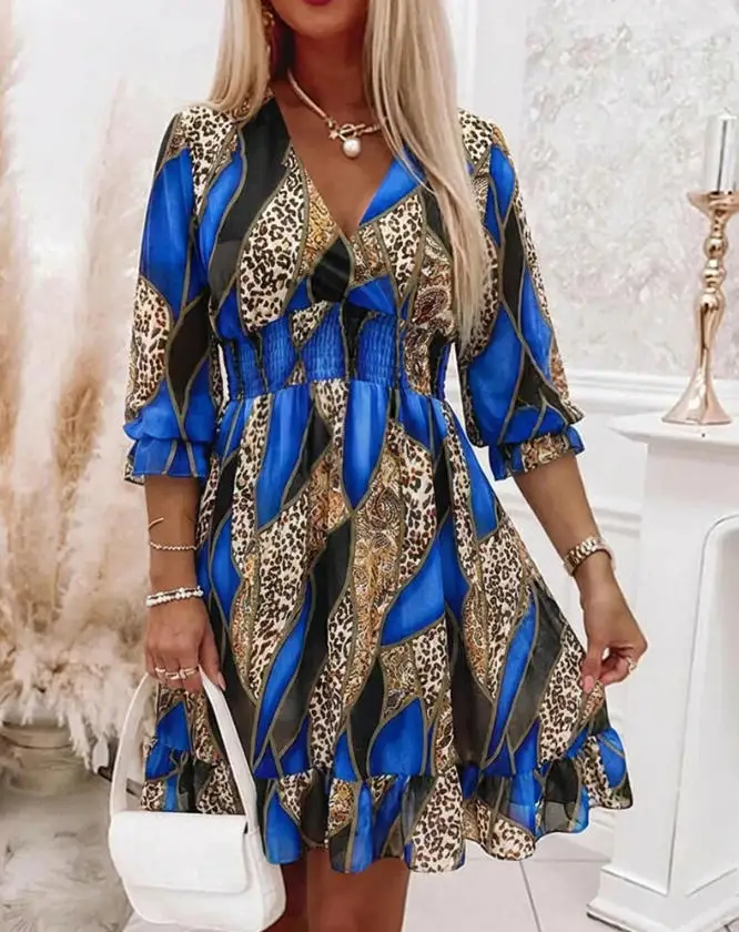 

Women Dresses 2026 New Spring Fashion Print V-Neck Three-Quarters Sleeve Ruffled Hem Pleated Waist Casual Daily Mini Dress