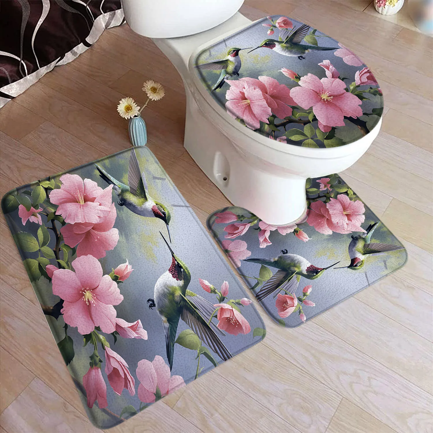 Floral Hummingbird Bath Mat Set Natural Green Leaves Plants Bird Pink Flowers Home Doormat Bathroom Decor Rugs with Toilet Cover images - 6