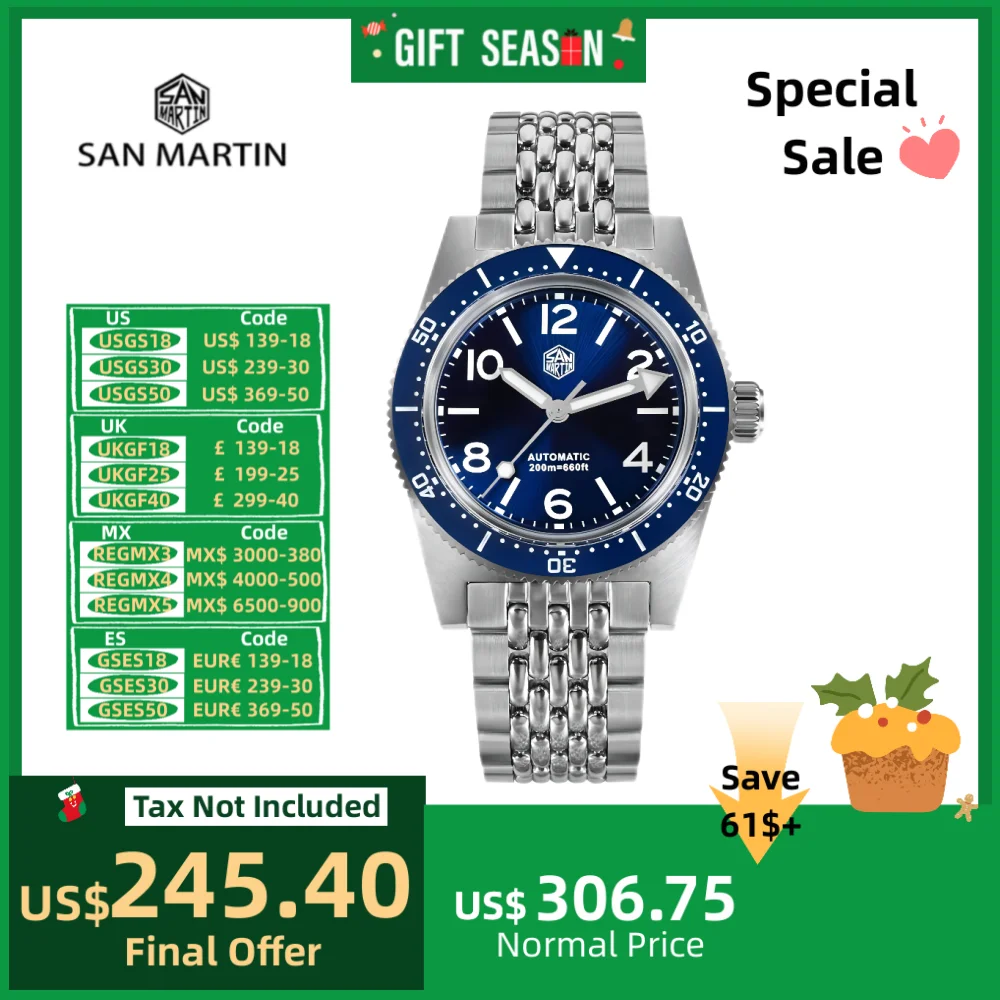 San Martin 37mm New 62Mas Men\'s Dive Watch Sport Waterproof 20Bar Fly Clasp Luxury Wristwatch Sapphire часы мужские SN0007X-1