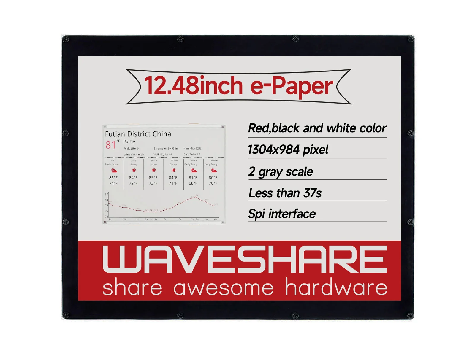 

Waveshare 1304×984, 12.48inch E-Ink Display Module, Red/Black/White Three-Color, SPI Interface Grey scale 2