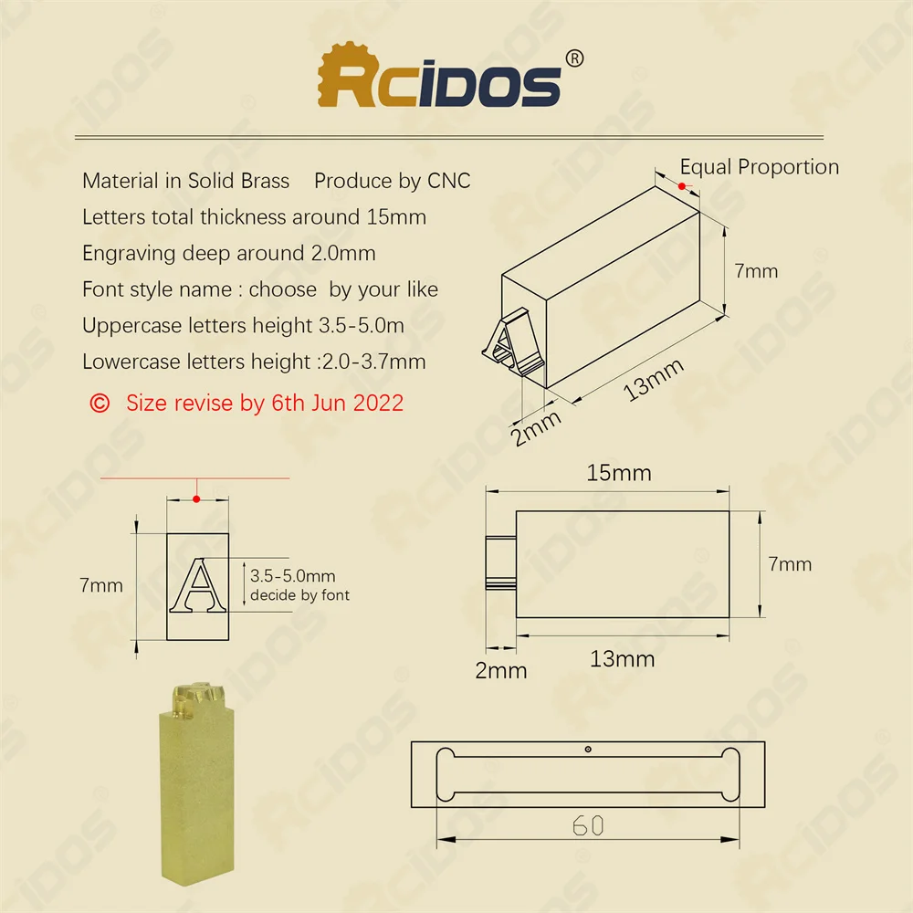 RCIDOS MOVEGO Brass Letters Holder, Time New Roman Hot Foil Stamping flexible letter,“A” height 4mm,6CM Slot