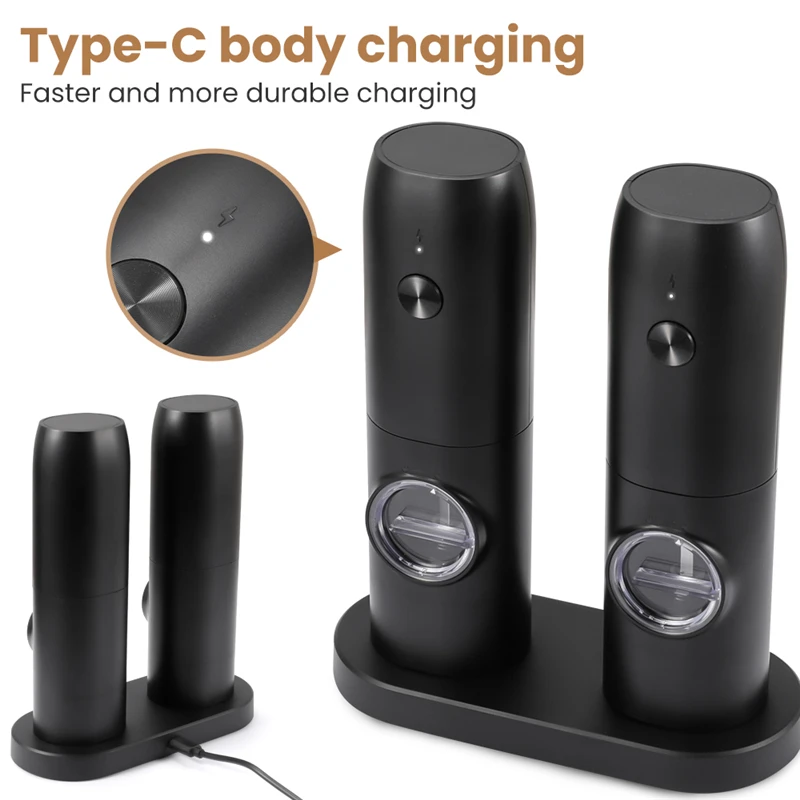 Electric pepper grinder with charging socket , adjustable roughness, one hand operation, with USB Type-C cable, LED light