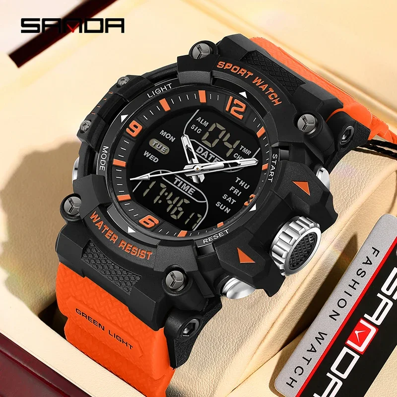 

SANDA светодиодные цифровые часы с двойным дисплеем, мужские часы, водонепроницаемые спортивные часы, военный мужской будильник, секундомер, кварцевые наручные часы, мужские