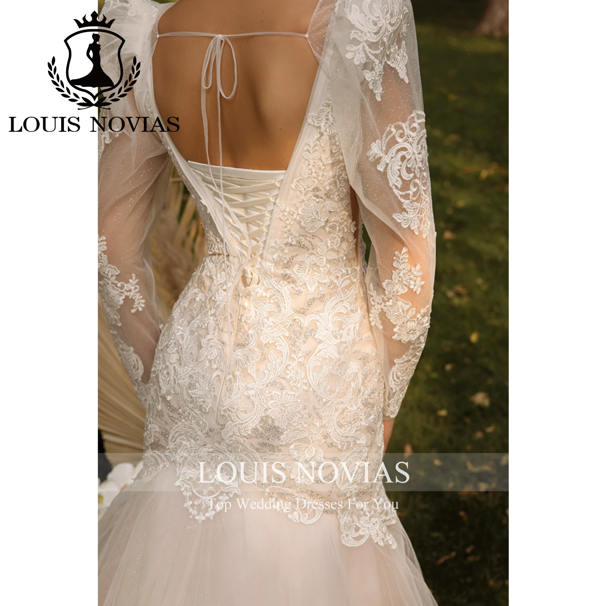 LOUIS NOVIAS 인어 웨딩 원피스, 분리형 긴팔, 2023 V-넥 자수, 샴페인 웨딩 가운