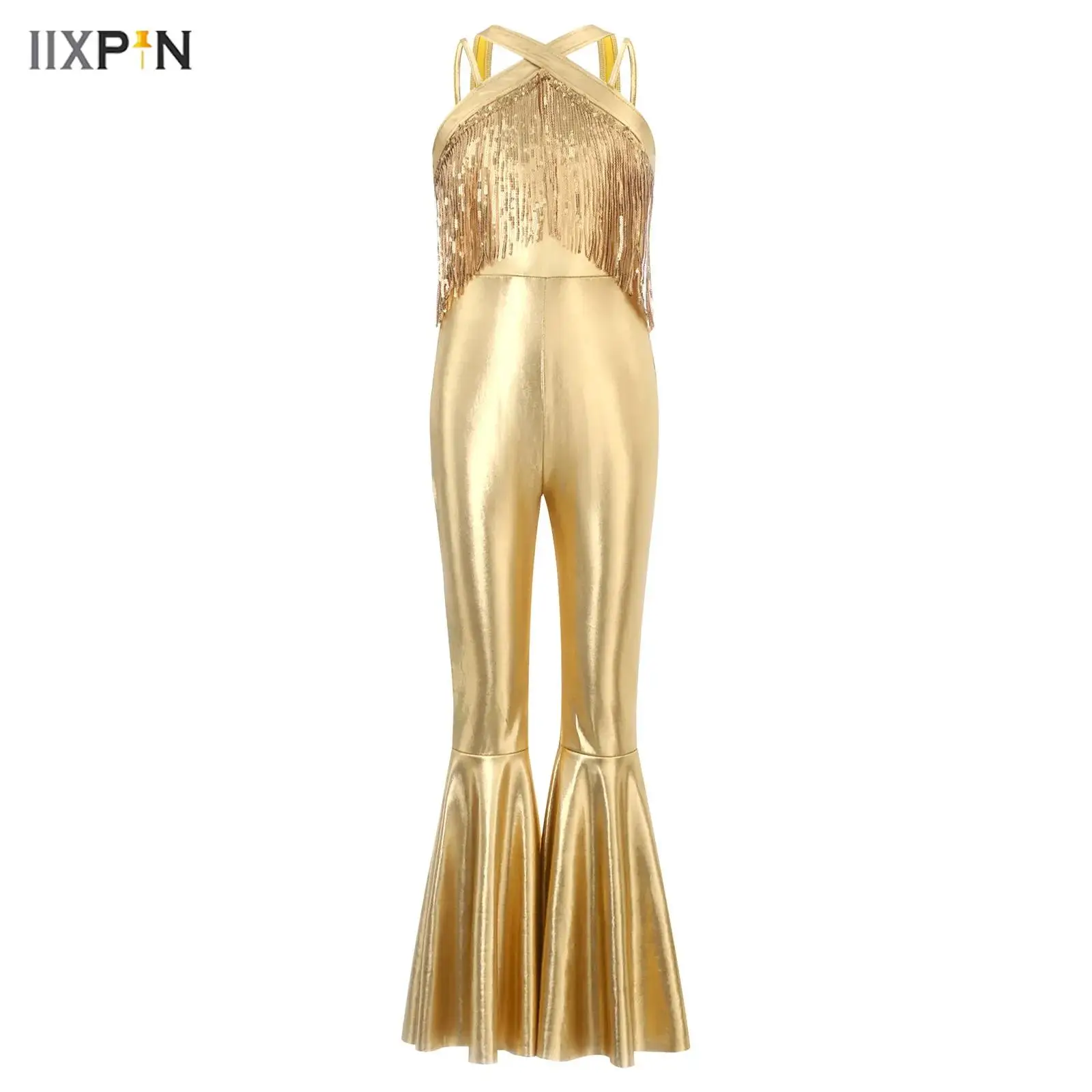 

Girls 70S Disco Jumpsuit Metallic Shiny Sequins Tassels Bodysuit Vintage Hippie Bell Bottom Jazz Dance Rave Party Romper Costume