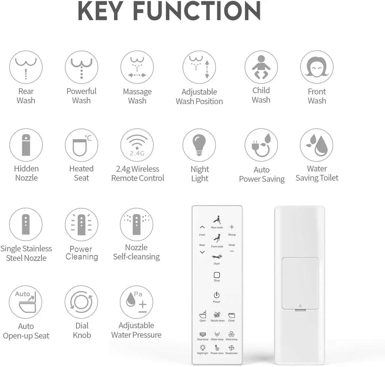 Siège de bidet pour toilettes allongées avec télécommande sans fil, sécheur d'air chaud instantané, jet d'eau douce, ouverture automatique, eau métropolitaine