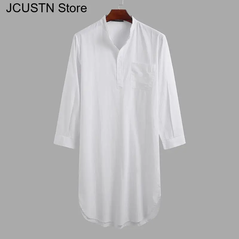 Abito da uomo arabo Indumento in stile nazionale Camicia lunga indiana Camicetta primaverile Abaya Camicia da notte in cotone Tunica araba al ginocchio