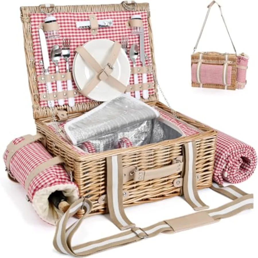 

19Pcs Insulated Picnic Basket for 2 with Waterproof Picnic Blanket Wine Pouch Large Wicker Picnic Hamper Ideal for Outdoor Camp