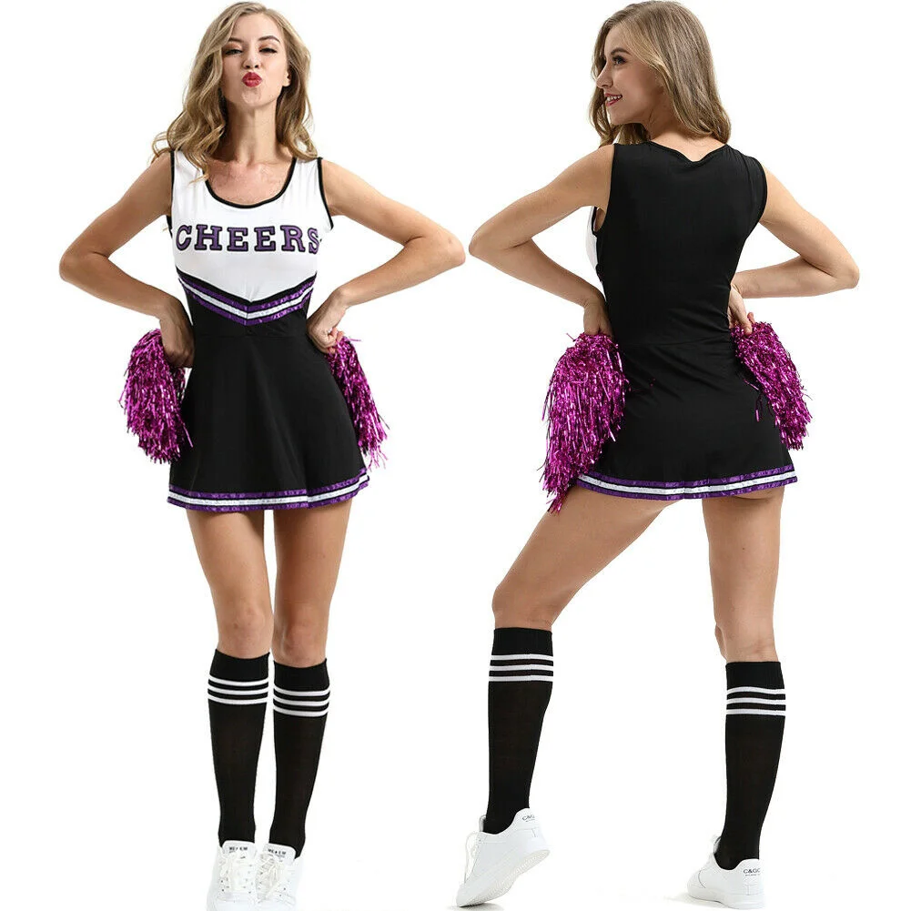 Disfraz de animadora para mujer, ropa de escuela para chica, vestido de fantasía, uniforme de Cheer Leader, ropa para mujer con calcetines por encima de la rodilla