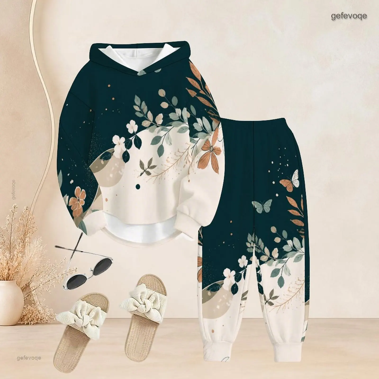 Women Printed Pants Set Long Sleeve Hooded Top Cuffed Pants Two Piece