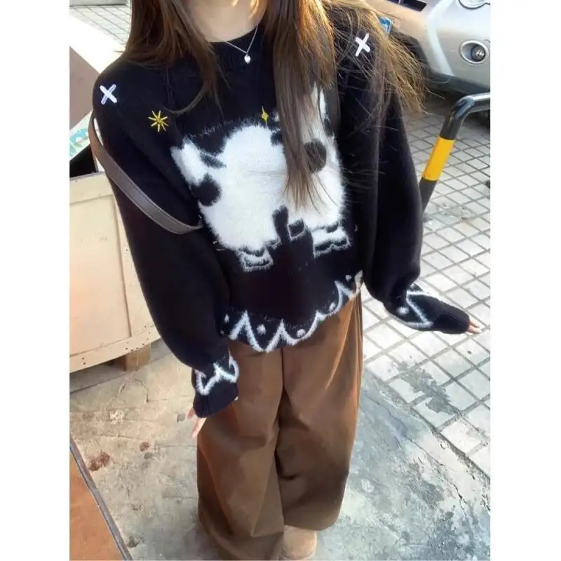 

New Kawaii Girl Sweater Black Soft Fun Jacquard Pattern Women Autumn Winter Lazy Style Loose Tops Fashion Cute Knitwear