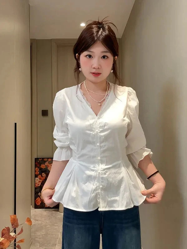 

plus Size Lace Long Sve White irt Women's Faion Slimming Top Waist Cinched Meat Concealing Korean Sle Busin irt