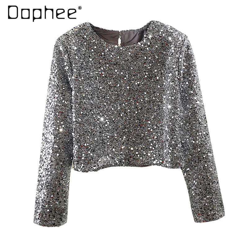 

Модный топ с длинными рукавами и круглым вырезом с пайетками, корейская мода, универсальная свободная элегантная рубашка, женский модный топ в стиле поездок на работу