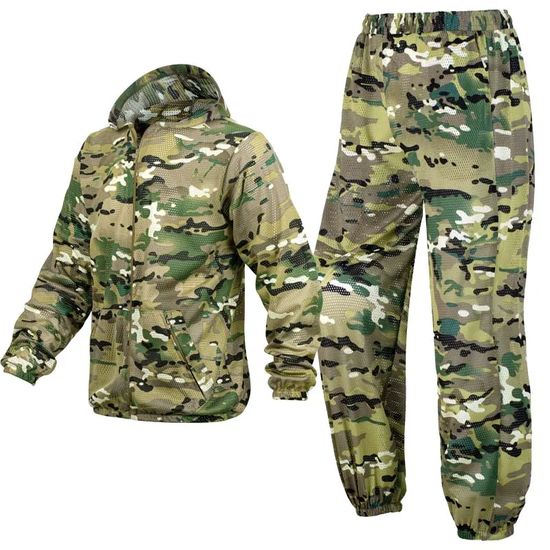 Summer Cool Camouflage Suit Mesh Hooded Breathable Outdoor Training Hunting Pants Fishing Unisex Mosquito-Proof Sets Zipper Tops