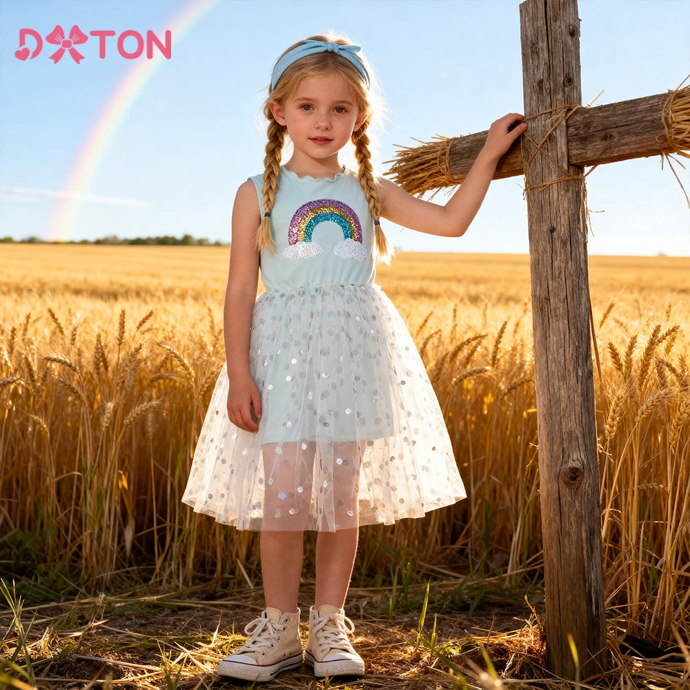 DXTON Kids Toddler Summer Blingbling Clothing Sleeveless Knitted Children Princess Dress Sequin Baby Girls Birthday Party Dress