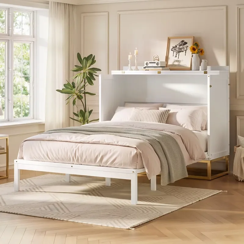 Modern Murphy Queen Bed Wood Panel Metal Legs Imitation Drawer Space Saving Storage Wall Bed view 2
