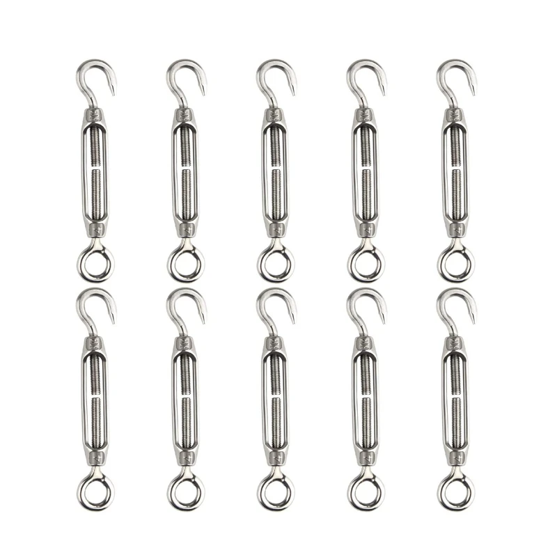 10Pcs Stainless Steel Turnbuckle Wire Tensioner Hook & Eye Adjustable Turnbuckle Hooks M4 Wire Rope Tension Draw-In Bolt