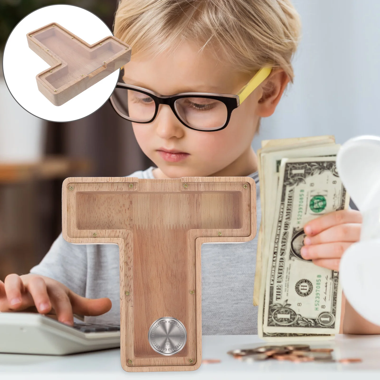 حرف خشبي على شكل حرف أصبع على شكل حرف T نافذة شفافة توفر صندوق المال تخزين سطح المكتب للأطفال هدية الأبجدية عملة البنك أصبع #6