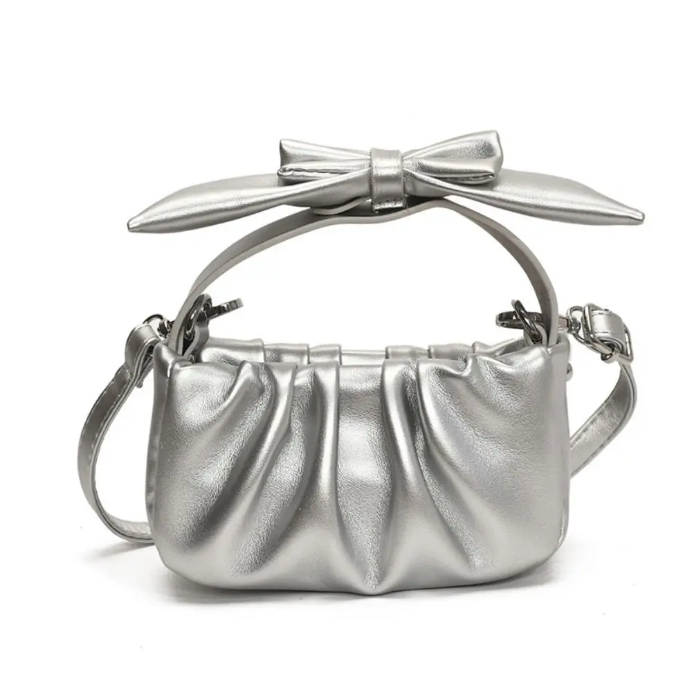 

Simple Solid Color Bow Crossbody Bag Cute Mini Pleated Cloud Shoulder Bag PU Leather Bowknot Women Handbag Daily
