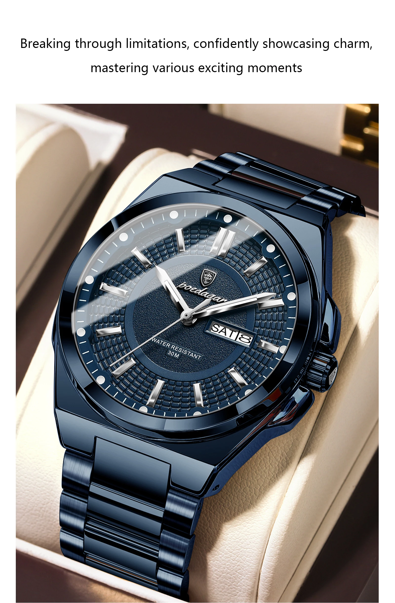 POEDAGAR Top Business Herren Armbanduhr Edelstahl Wasserdicht Leuchtend Casual Mann Uhr Datum Woche Stilvolle Herren Quarzuhren – Detail 5