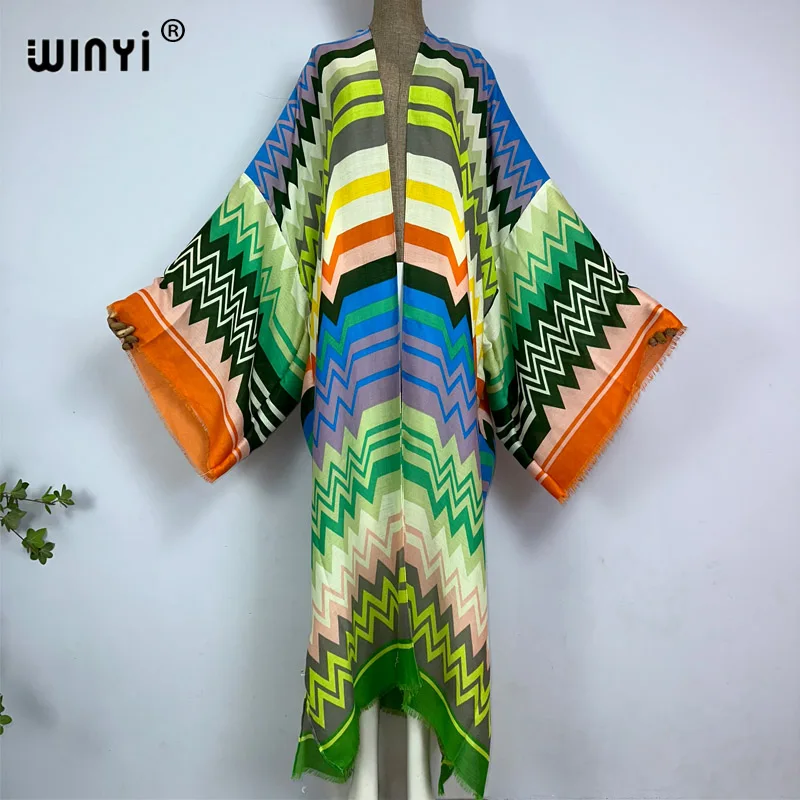 WINYI kimono plaża letnia boho Bikini we wzory elegancka modny kardigan seksowna wakacyjna sukienka z długim rękawem vestidos para playa