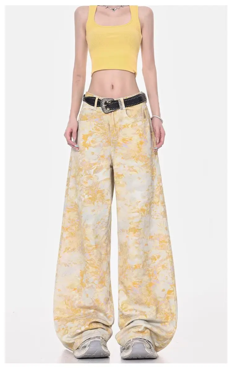 Y2K خمر الأزهار طباعة عالية الخصر شارع العليا مستقيم الجينز السراويل الكورية أزياء المرأة واسعة الساق فضفاض الدينيم بنطلون