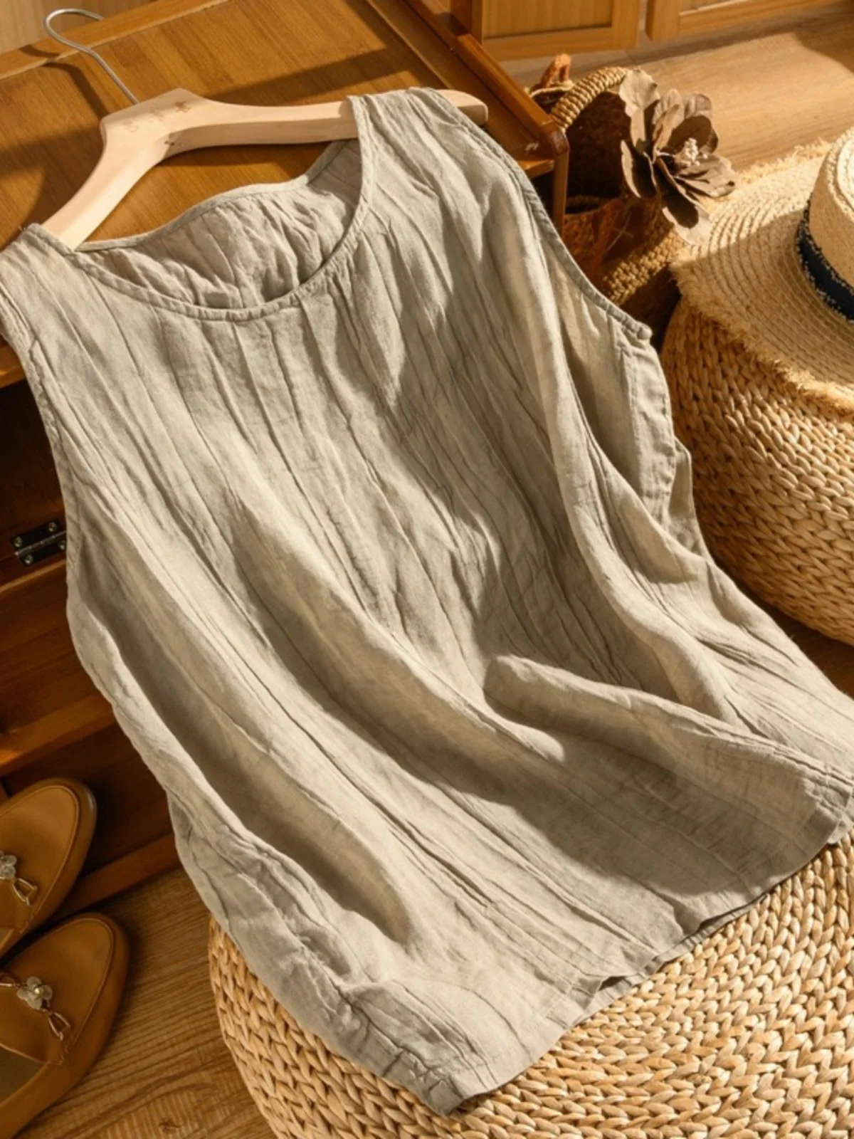 

Легкий повседневный женский топ из смесового хлопка и льна, свободный крой, высокая талия, летний, в корейском стиле, с круглым вырезом