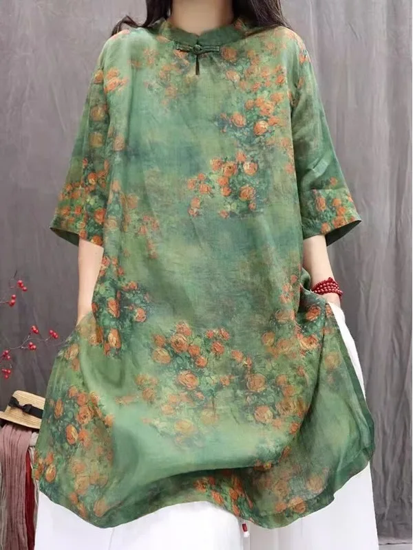 

Chinese Vintage Printed Linen Sleeveless Dress Women's New 2025 Summer Lightweight Breathable Midi Shirt Style Casual Wear