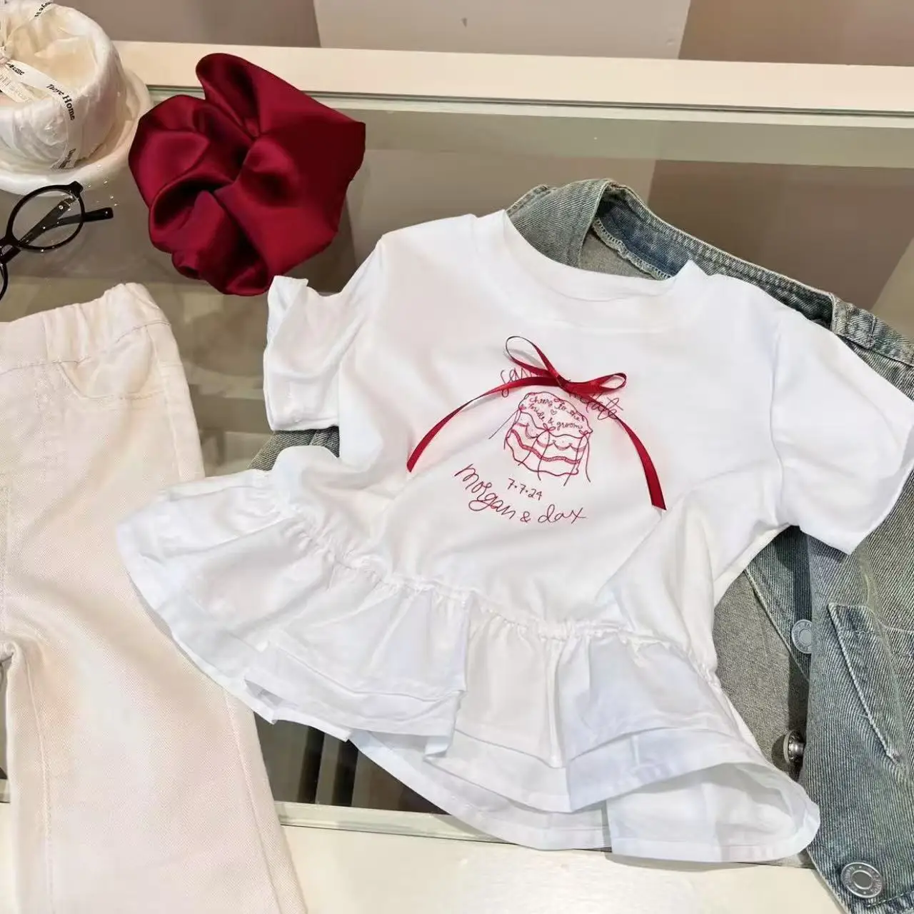 Kids Girls Summer White Shirt Red Bows Cake Print Flounce Edge Tops Shirt 1-6y Children Casual All-match Soft Fashion Tees