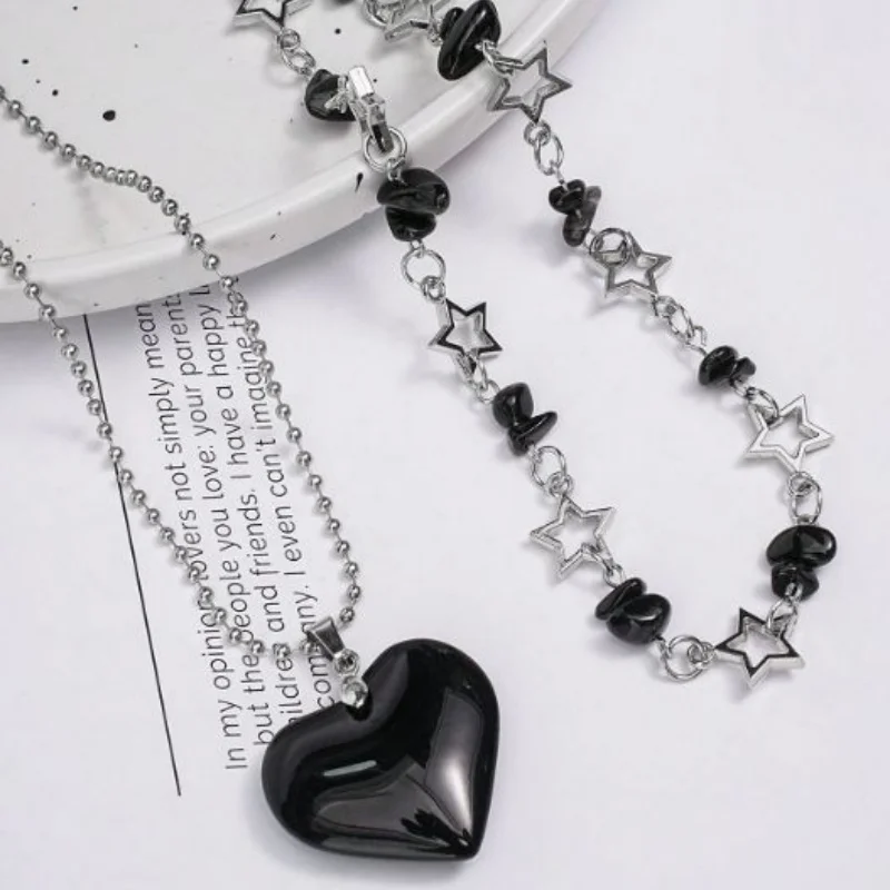 2-piece Y2K Blackheart Natural Obsidian Bead Layered Necklace Set Silver Stackable Choker Gothic Street Jewelry