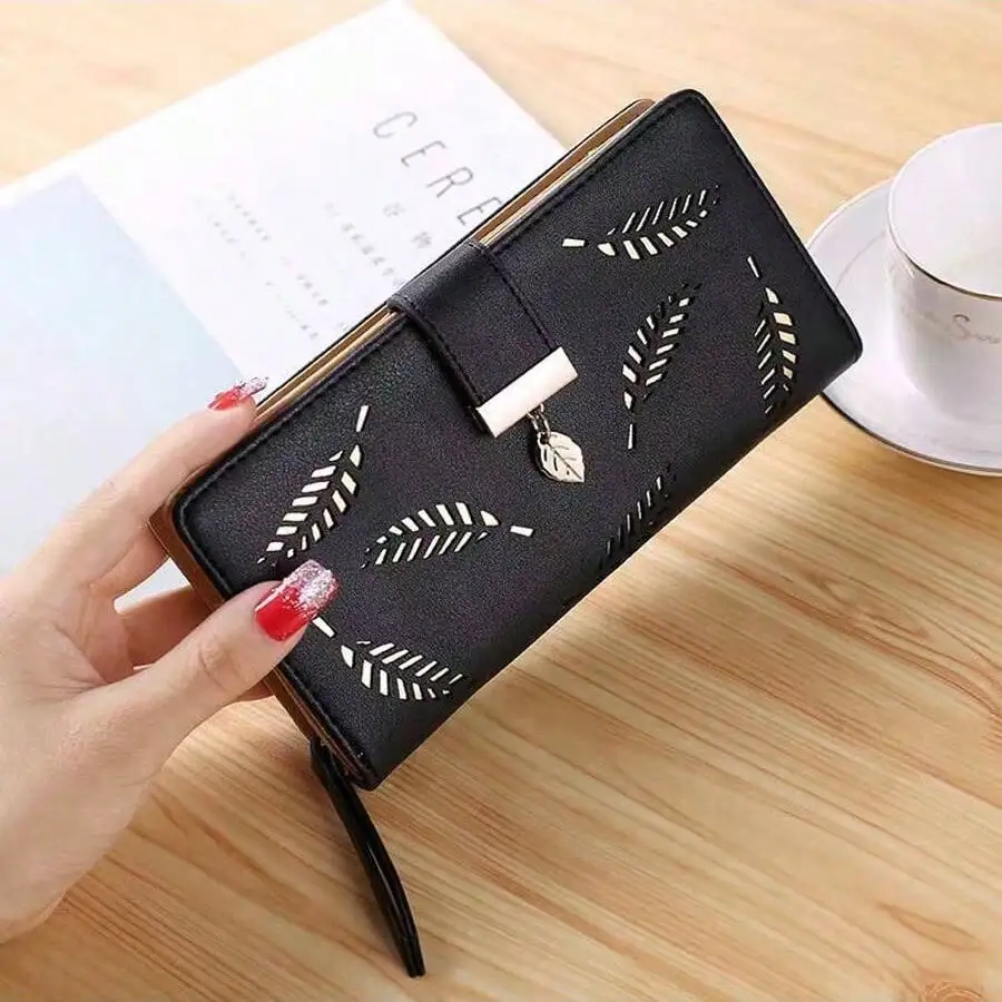 

Hollow Leaf Design Women's Wallet With Zipper Card Holder And Wrist Strap, Birthday Gift For Friends, Daily Use PU Leather Minim