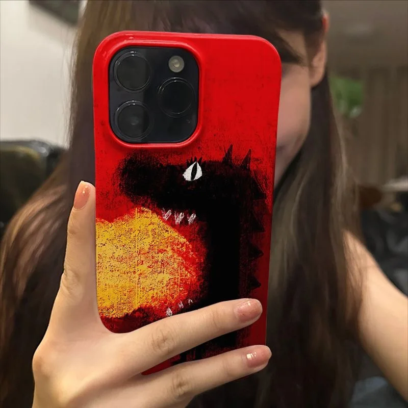 Creative INS Oil Painting Red Background Monster Fireball Phone Case for iPhone 15 14 11 12 13 Pro Max Plus Back Cover