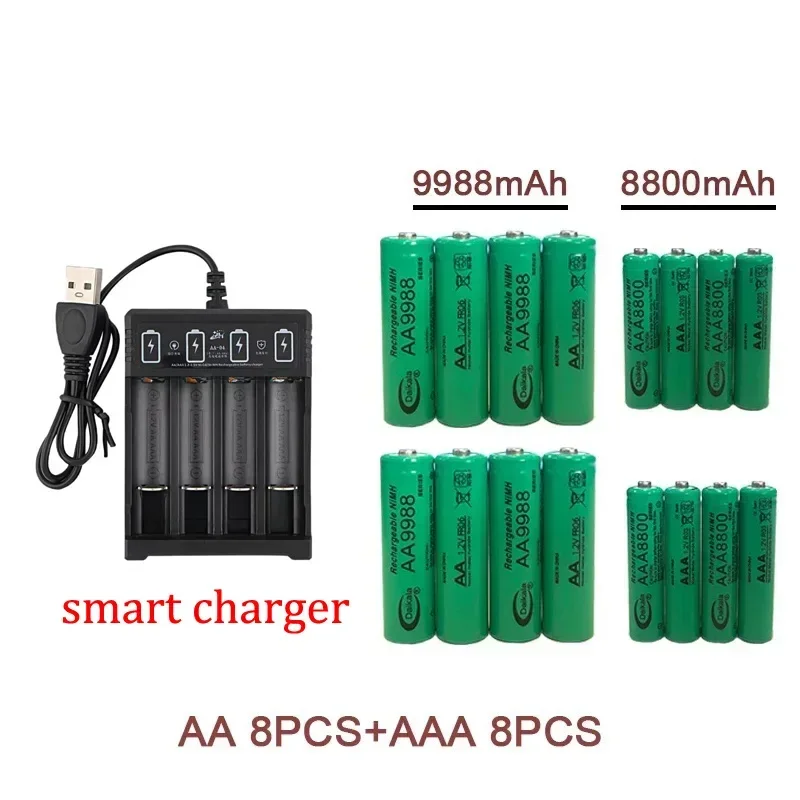 Pilas recargables AA + AAA NI MH de 1,2 V, pilas alcalinas AAA de 9988-8800mah para linternas, juguetes, relojes, reproductores de MP3 y cargadores