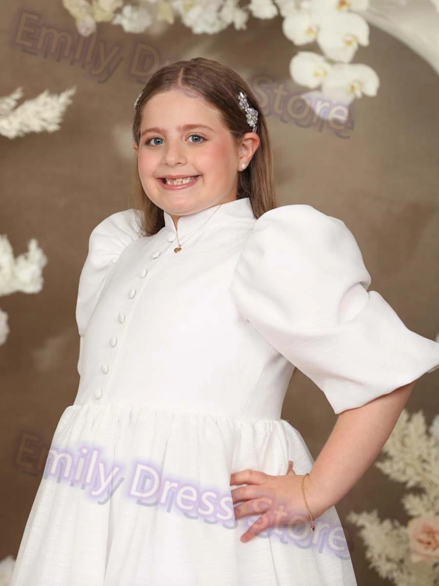 Maßgeschneidertes elfenbeinfarbenes Blumenmädchenkleid für die Hochzeit, Satin, halbe Ärmel, Stehkragen, für Kinder, Kindergeburtstag, Erstkommunion, Ballkleid