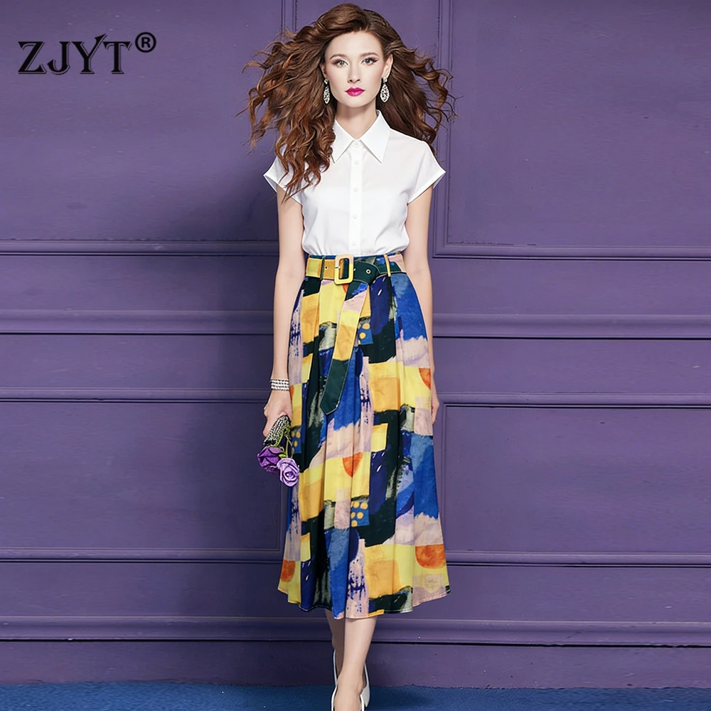 

ZJYT Summer Fashion Linen Blouse with Skirt Suit 2 Piece Clothing Sets Women Abstract Print Holiday Casual Dress Set Outfit Lady