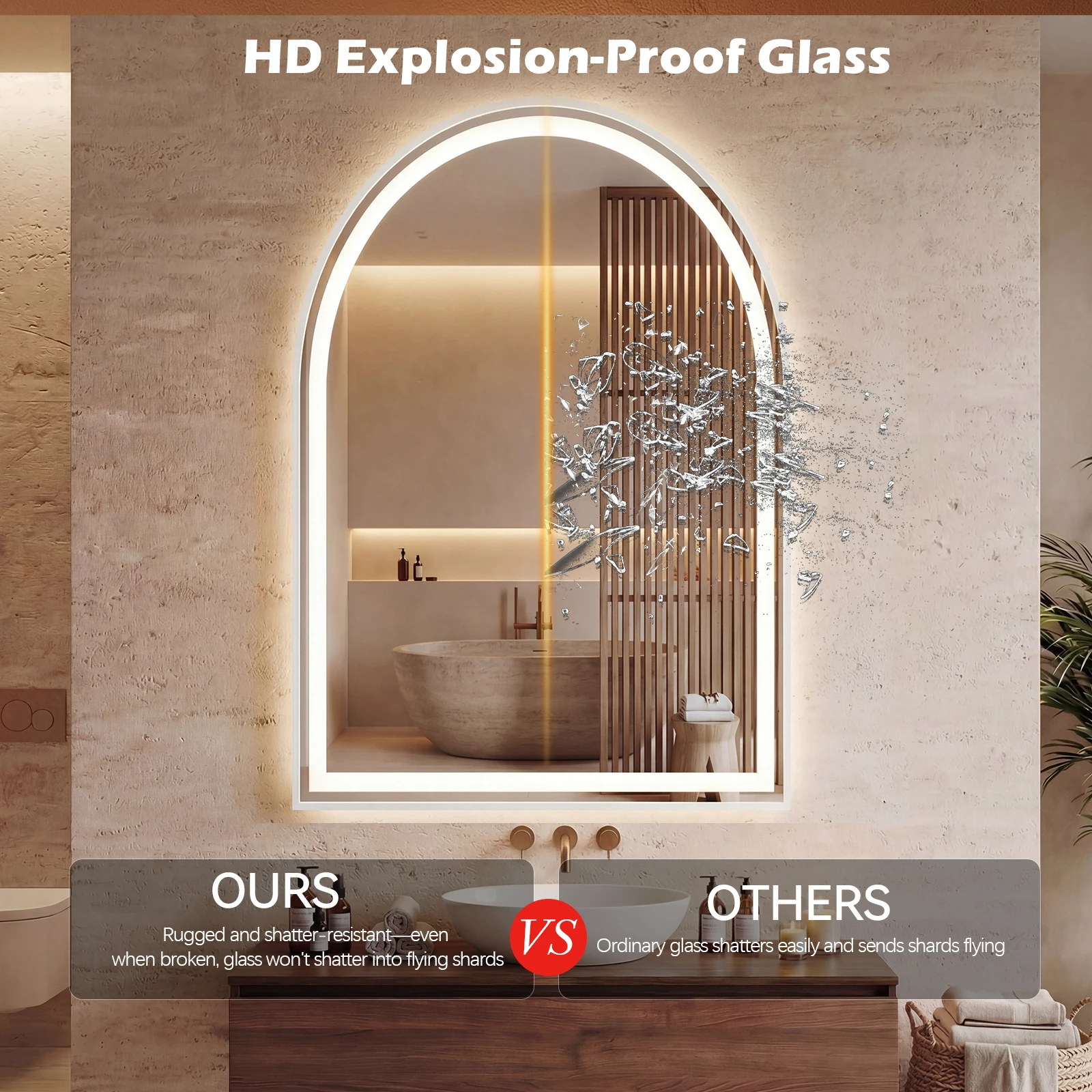 JHK Arched LED Bathroom Vanity Mirror for Wall Backlit Mirror with 3-Color Lights Memory Function Tempered Glass For Living Room image 2