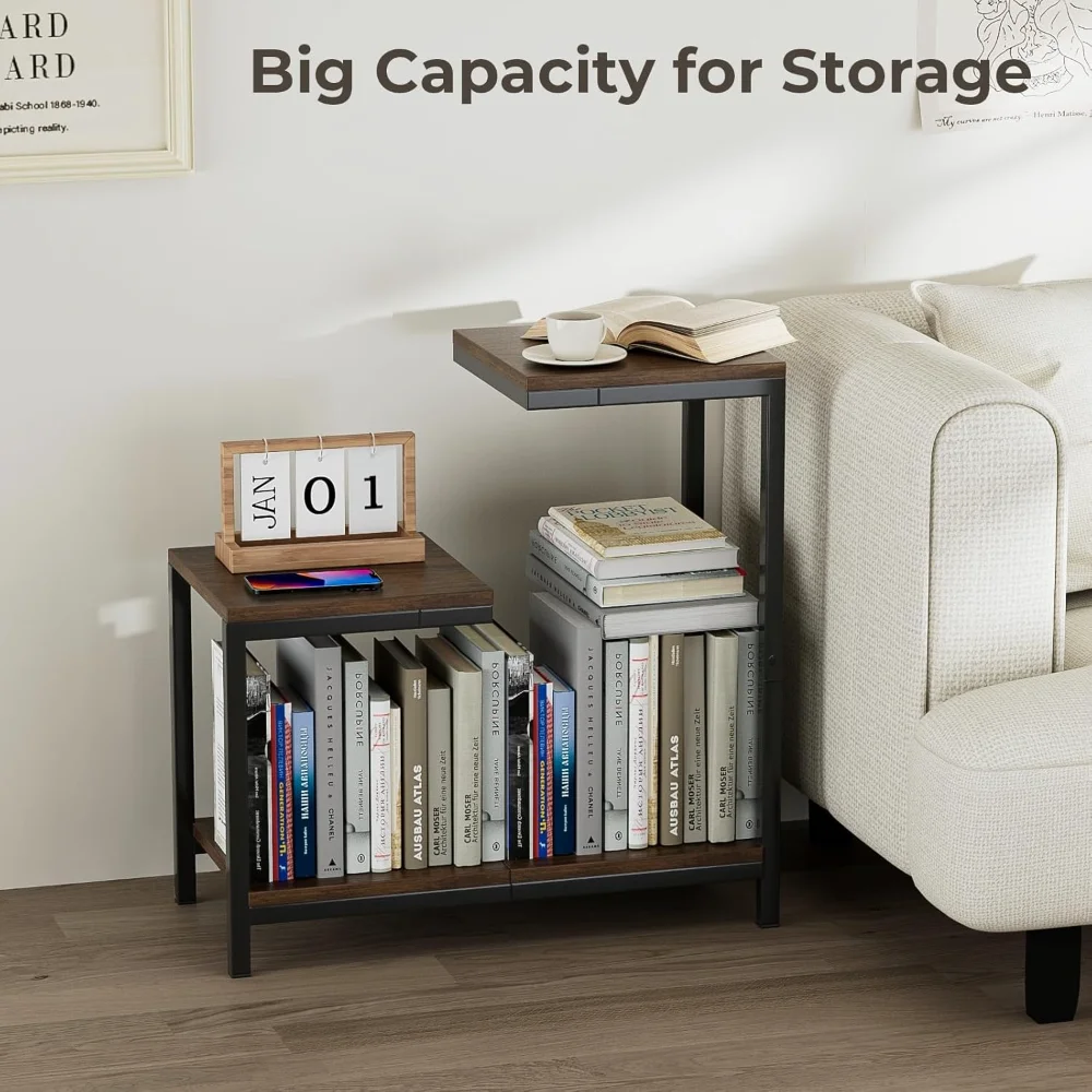 G-Shaped End Table - Small Side Table for Living Room, Bedside Table with Storage Shelf, Corner Tables for Small Spaces